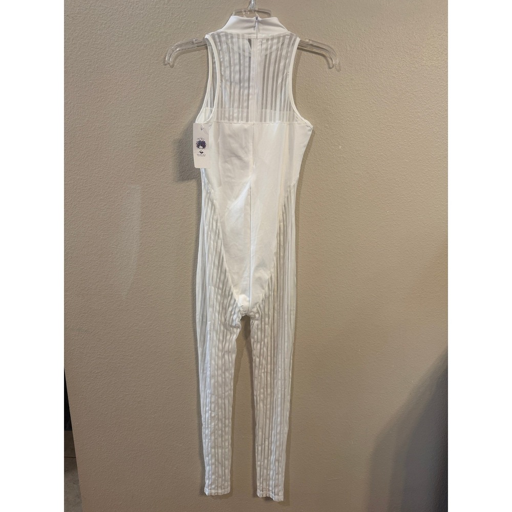 Do My Self Women White Mesh Stripe Sleeveless Mock Neck Jumpsuit Catsuit NWT
